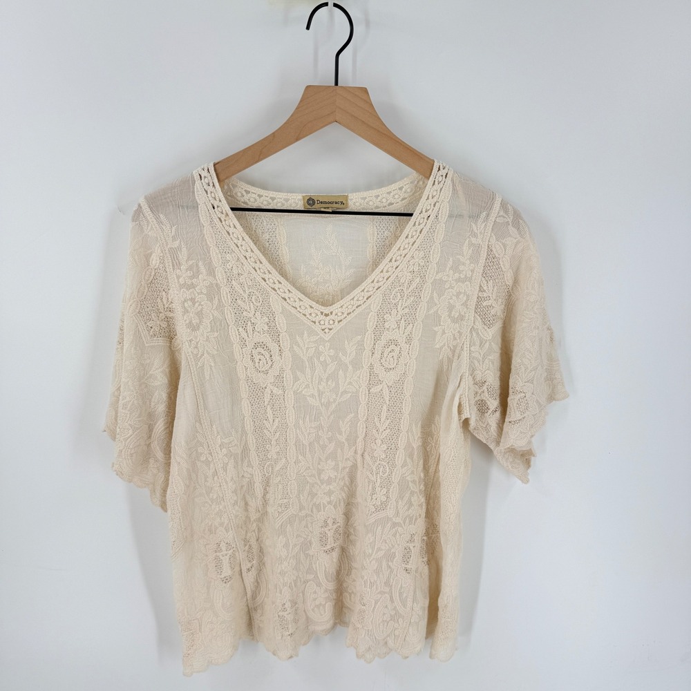 Democracy Lace V-Neck Top Cream XS Boho Cottagecore Romantic Feminine Chic
